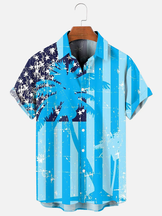Men's Blue Flag Coconut Beach Style Print Holiday Short Sleeve Shirt
