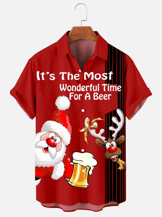 Men's Santa and Reindeer Stripe Holiday Short Sleeve Shirt