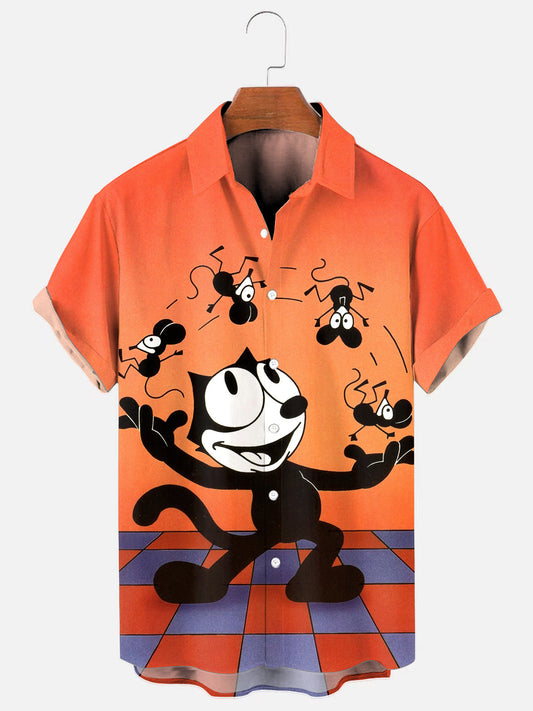 Men's Retro Cartoon Kitten Juggling Mouse Print Hawaiian Short Sleeve Shirt