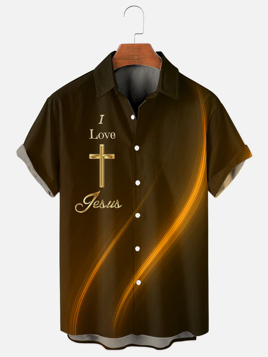 Men's Easter "I Love Jesus" Cross Print Casual Short Sleeve Shirt