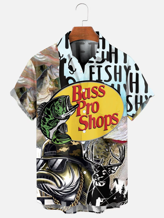 Men's Outdoor Fishing Print Hawaiian Short Sleeve Pocket Shirt
