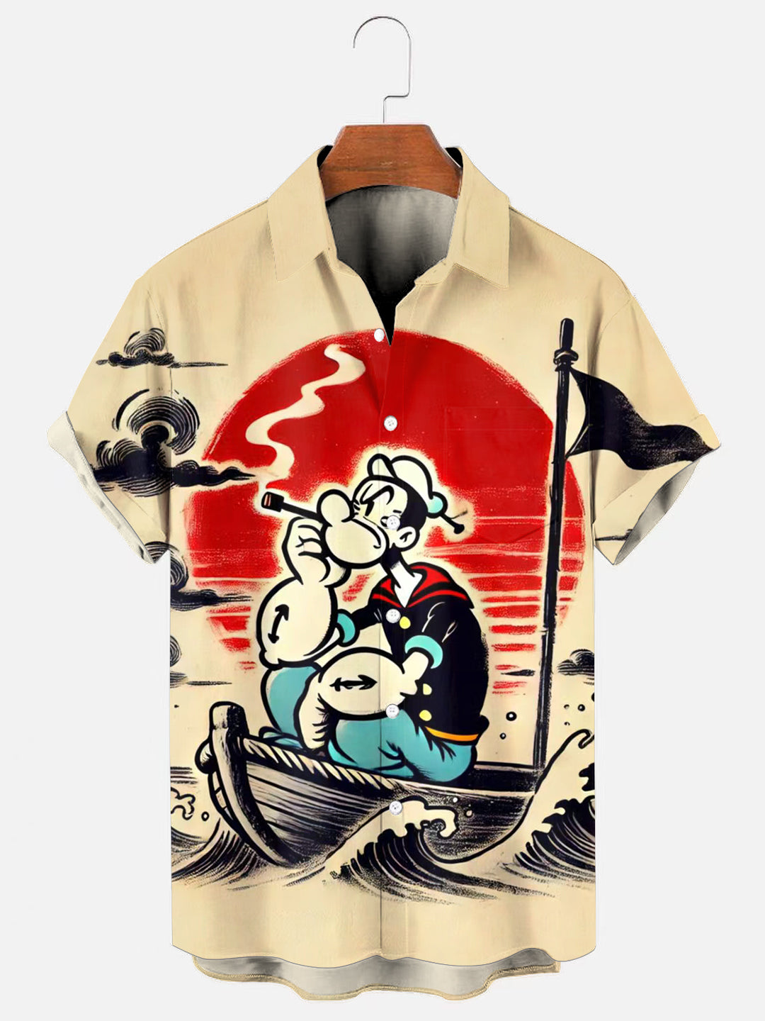 Men's Retro Sailor Poster Print Hawaiian Short Sleeve Pocket Shirt