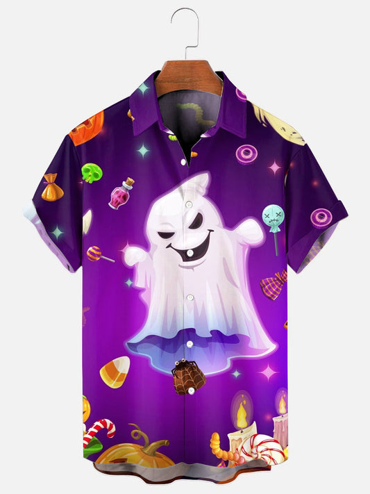 Men's Halloween Cute Ghost Candy Print Holiday Short Sleeve Shirt