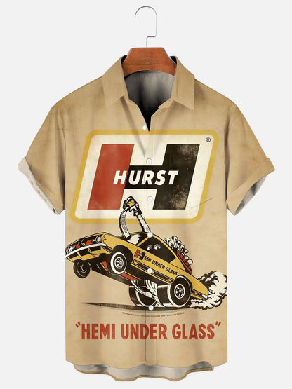 Men's 70's Vintage Straight Drag Racing Gear Printed Casual Short Sleeve Pocket Shirt