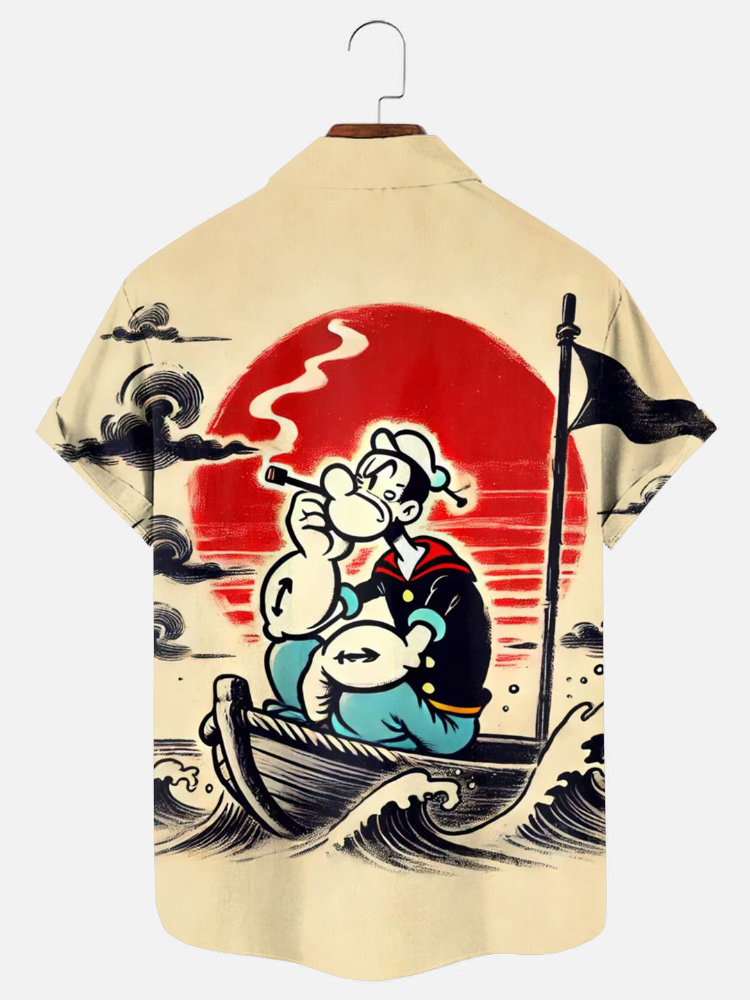 Men's Retro Sailor Poster Print Hawaiian Short Sleeve Pocket Shirt