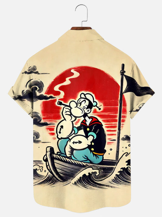 Men's Retro Sailor Poster Print Hawaiian Short Sleeve Pocket Shirt