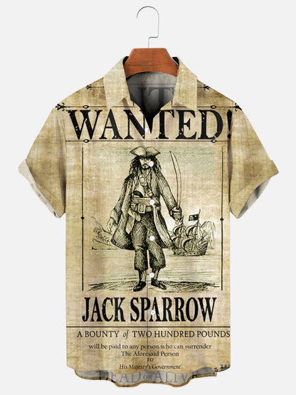 Men's Vintage Pirate Wanted Poster Print Hawaiian Short Sleeve Shirt