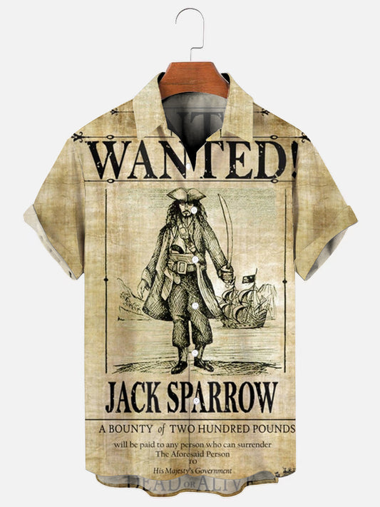 Men's Vintage Pirate Wanted Poster Print Hawaiian Short Sleeve Shirt