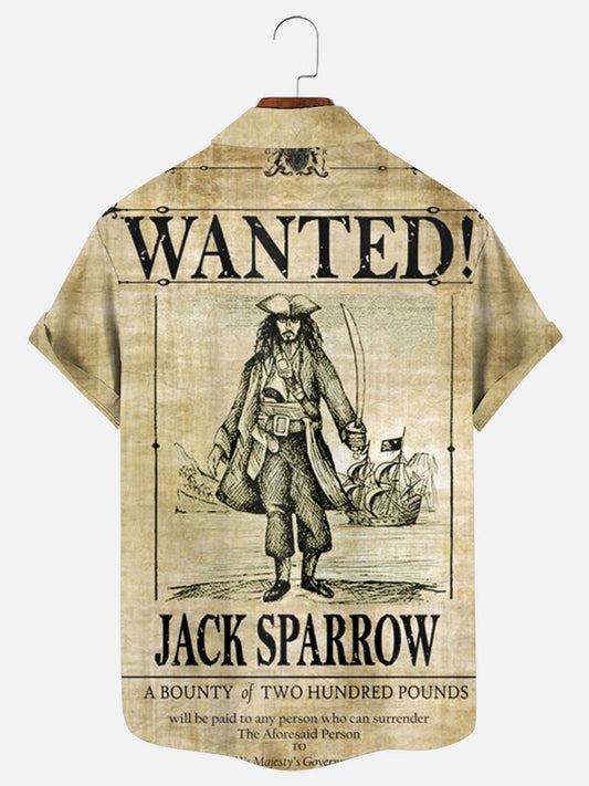 Men's Vintage Pirate Wanted Poster Print Hawaiian Short Sleeve Shirt