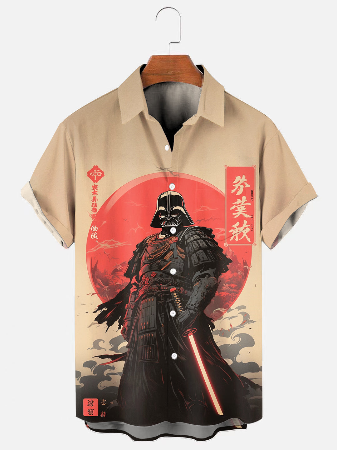 Men's Vintage Japanese Samurai Anime Print Hawaiian Short-Sleeve Pocket Shirt