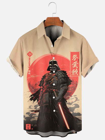 Men's Vintage Japanese Samurai Anime Print Hawaiian Short-Sleeve Pocket Shirt
