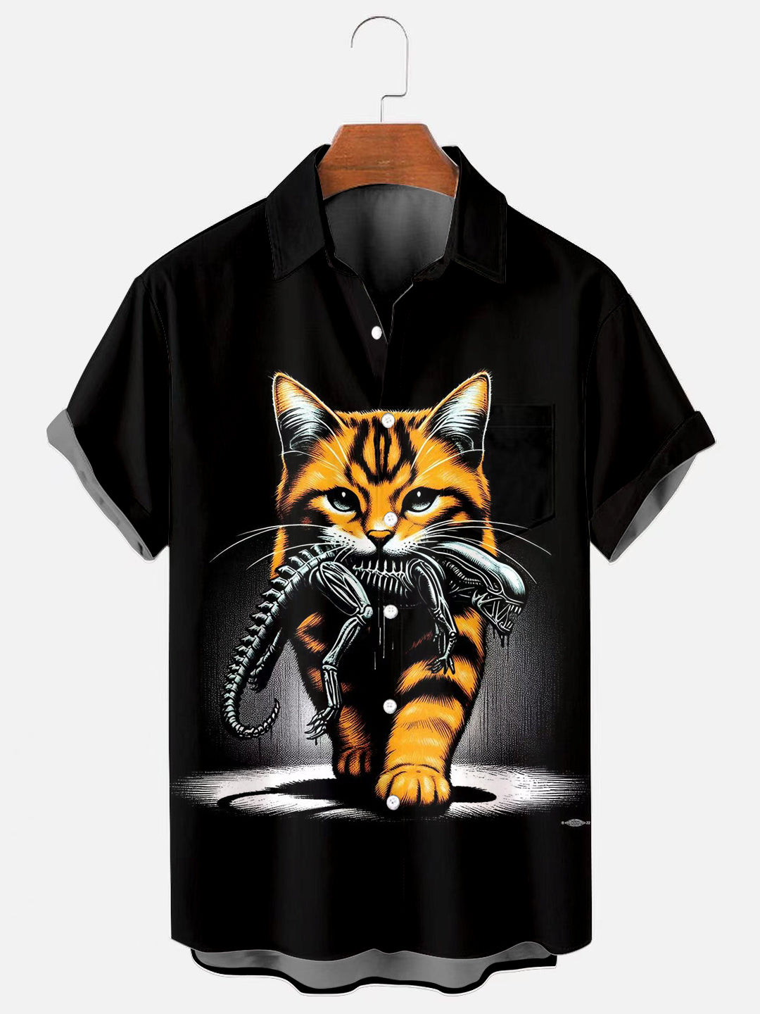 Men's Cat Alien Print Casual Pocket Short Sleeve Shirt