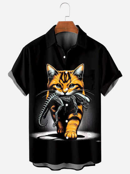 Men's Cat Alien Print Casual Pocket Short Sleeve Shirt