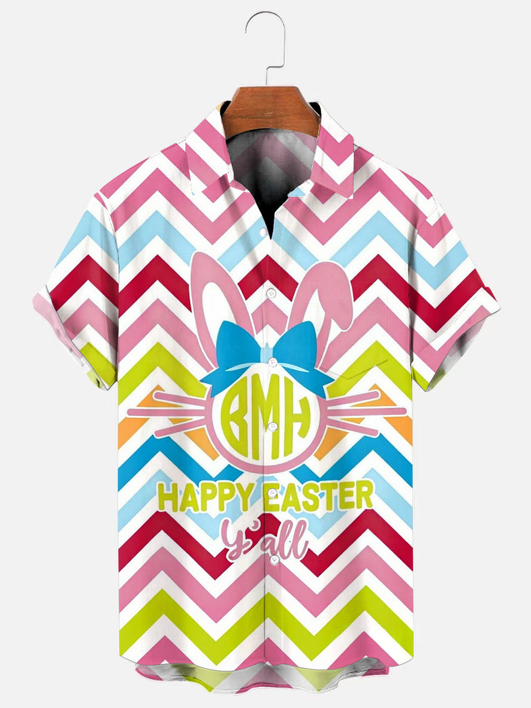 Men's Easter Pattern Print Hawaiian Short Sleeve Pocket Shirt