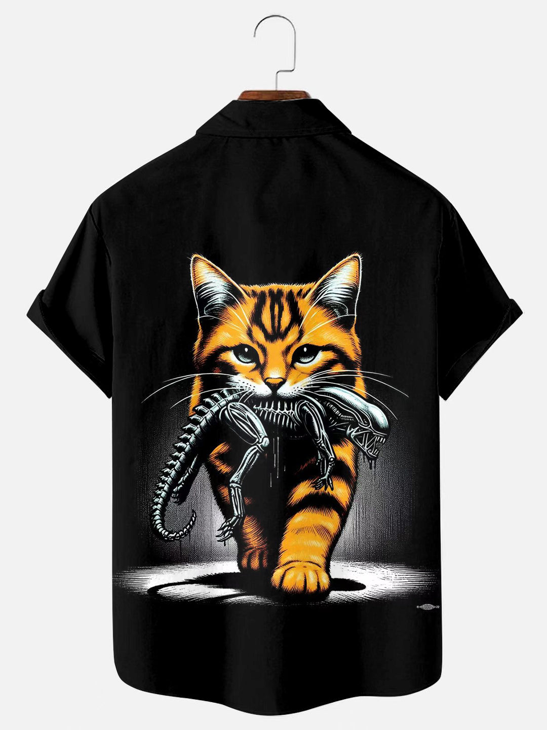 Men's Cat Alien Print Casual Pocket Short Sleeve Shirt