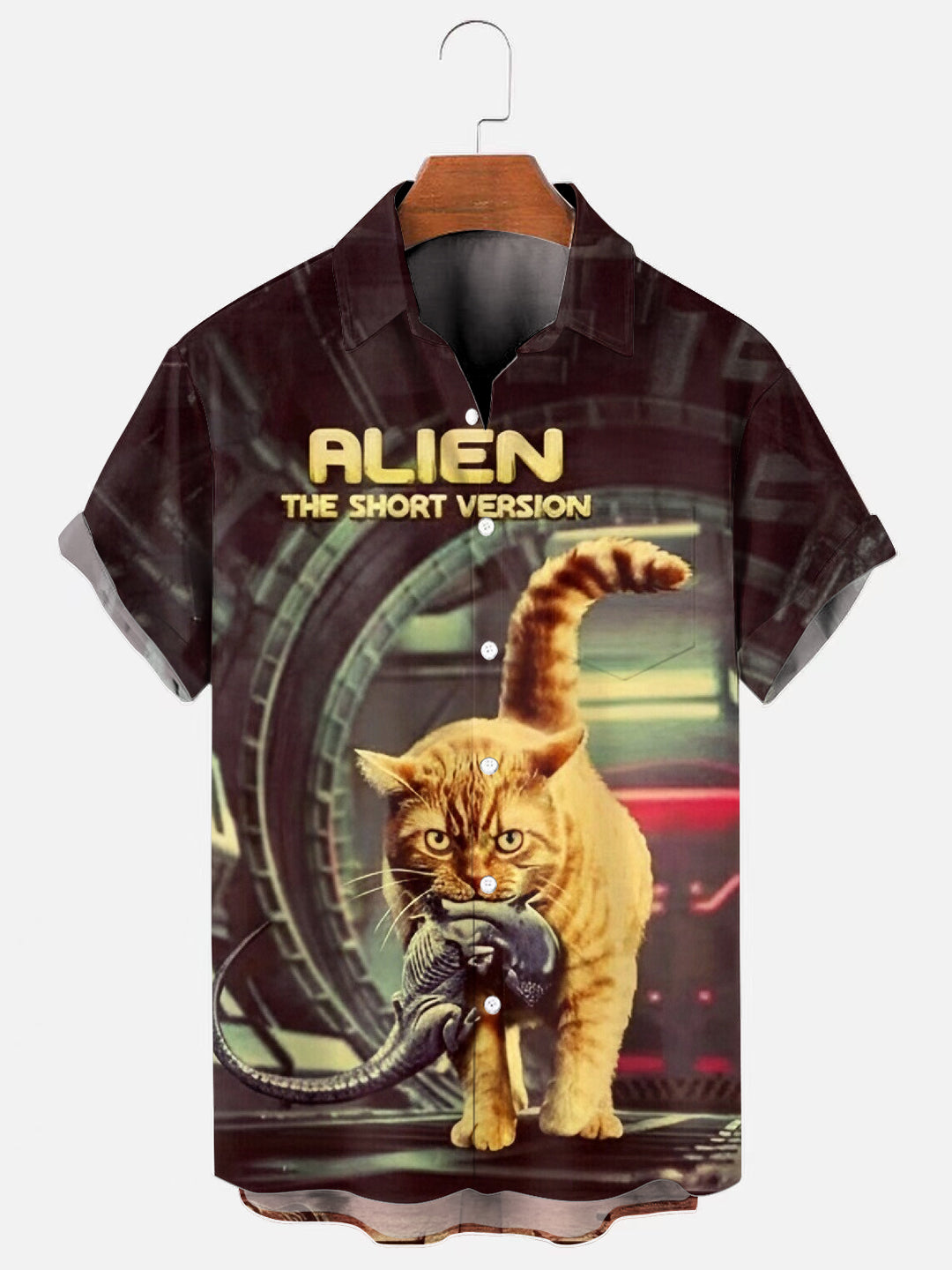 Men's Vintage Alien Movie Poster Print Hawaiian Pocket Short Sleeve Shirt