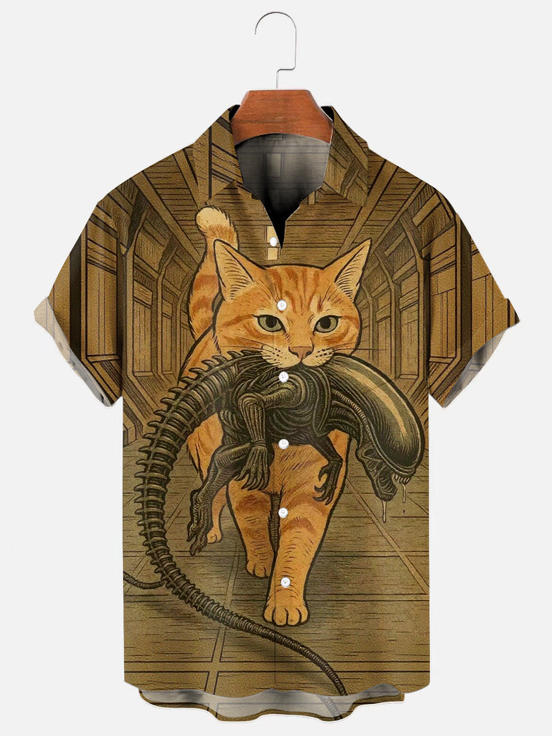 Men's Vintage Alien Cat Print Hawaiian Pocket Short Sleeve Shirt