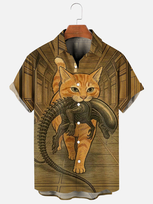Men's Vintage Alien Cat Print Hawaiian Pocket Short Sleeve Shirt