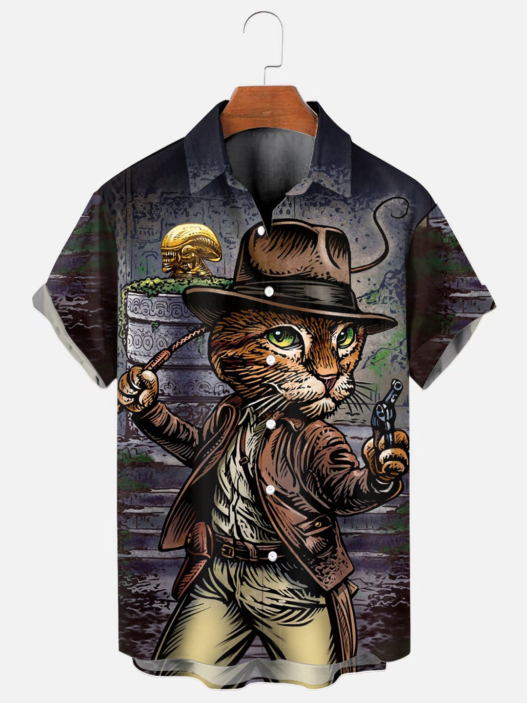 Men's Jones Cat Alien Print Hawaiian Pocket Short Sleeve Shirt