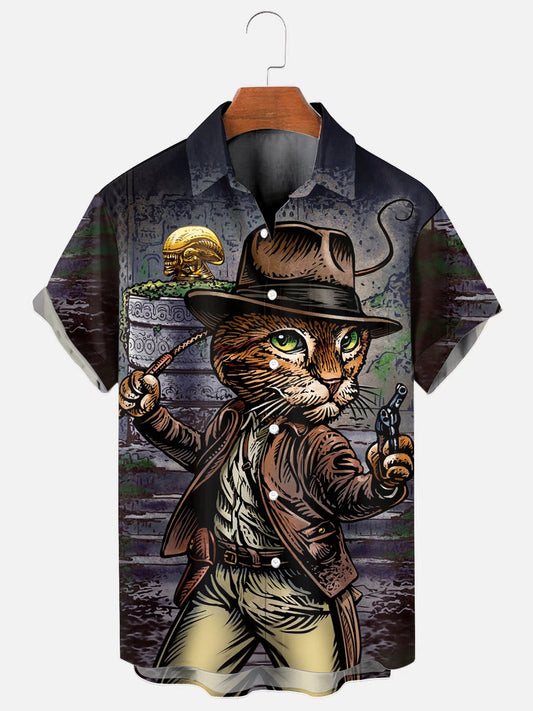 Men's Jones Cat Alien Print Hawaiian Pocket Short Sleeve Shirt