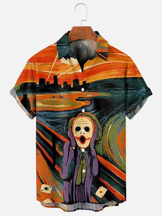 Men's Screaming Clown Print Hawaiian Short Sleeve Shirt