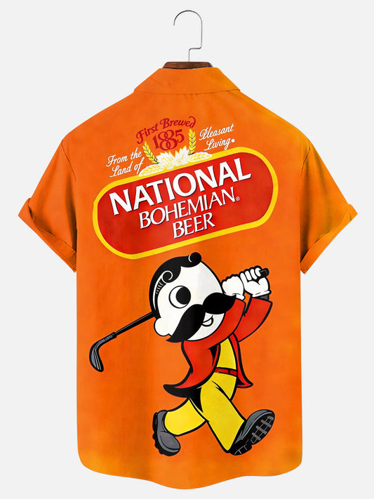 Men's Vintage Beer Pattern Print Hawaiian Short Sleeve Pocket Shirt