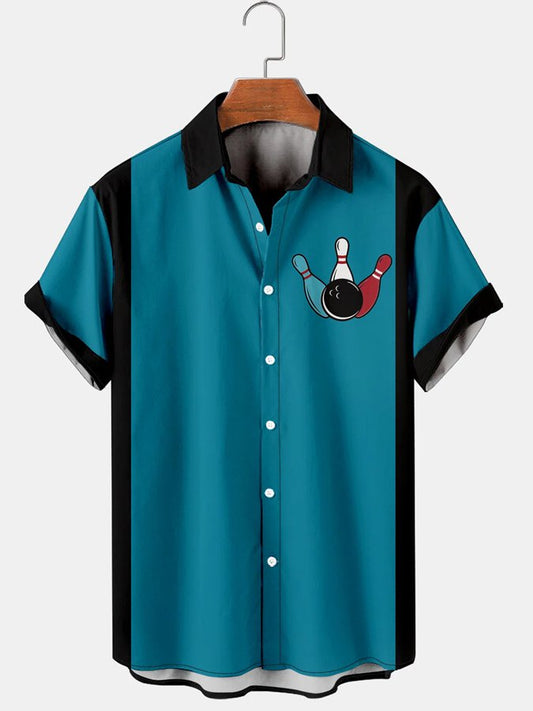 Men's Make Bowling Great Again Blue Shirt Vintage Camp Collar Top