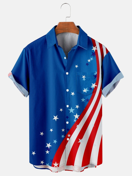 Men's Simple Casual American Flag Line Print Short Sleeve Shirt