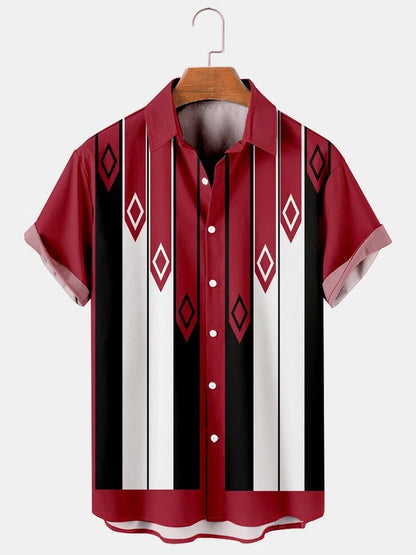 Mens Retro Geo Print Lapel Loose Short Sleeve Funky Hawaiian Shirts