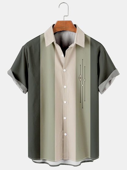 Mens Color-block Striped Casual Breathable Bowling Short Sleeve Shirts