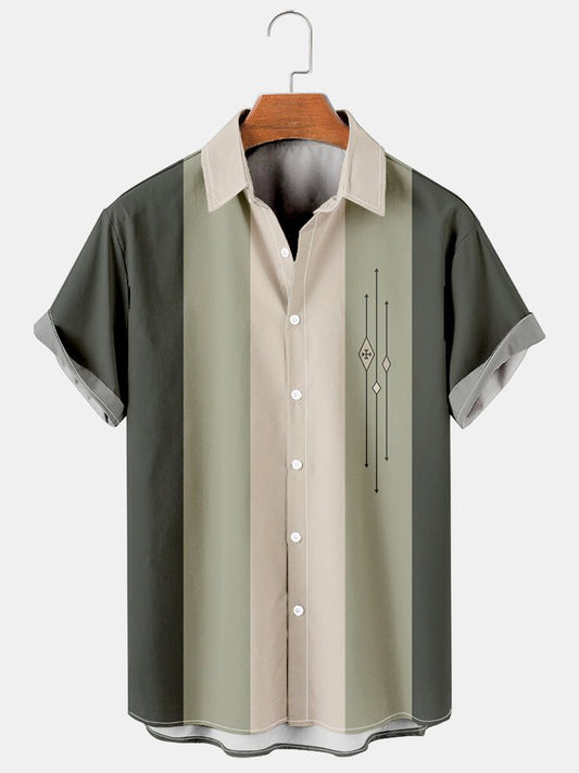 Mens Color-block Striped Casual Breathable Bowling Short Sleeve Shirts