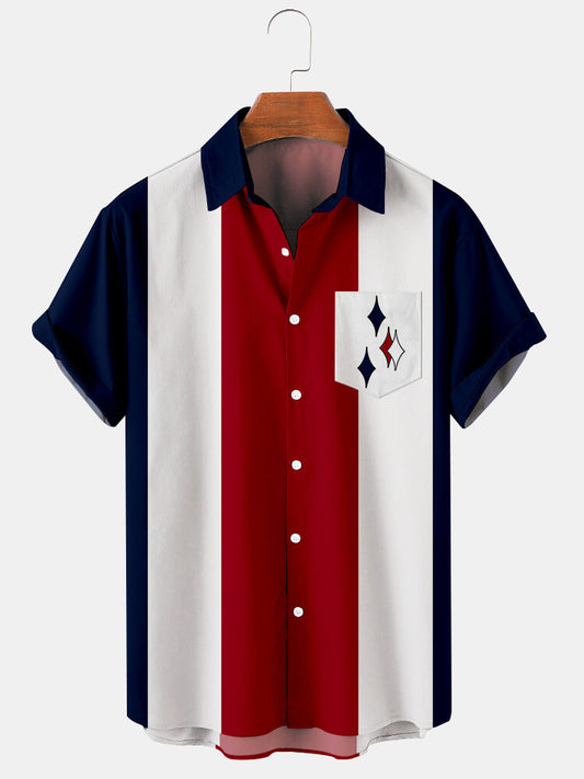Men's Plus Size Retro Contrast Striped Geometric Pattern Shirt With Pockets