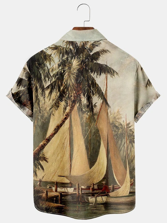 Mens Hawaiian Leaves Print Lapel Loose Chest Pockets Short Sleeve Funky Aloha Shirt