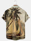 Mens Hawaiian Leaves Print Lapel Loose Chest Pockets Short Sleeve Funky Aloha Shirt