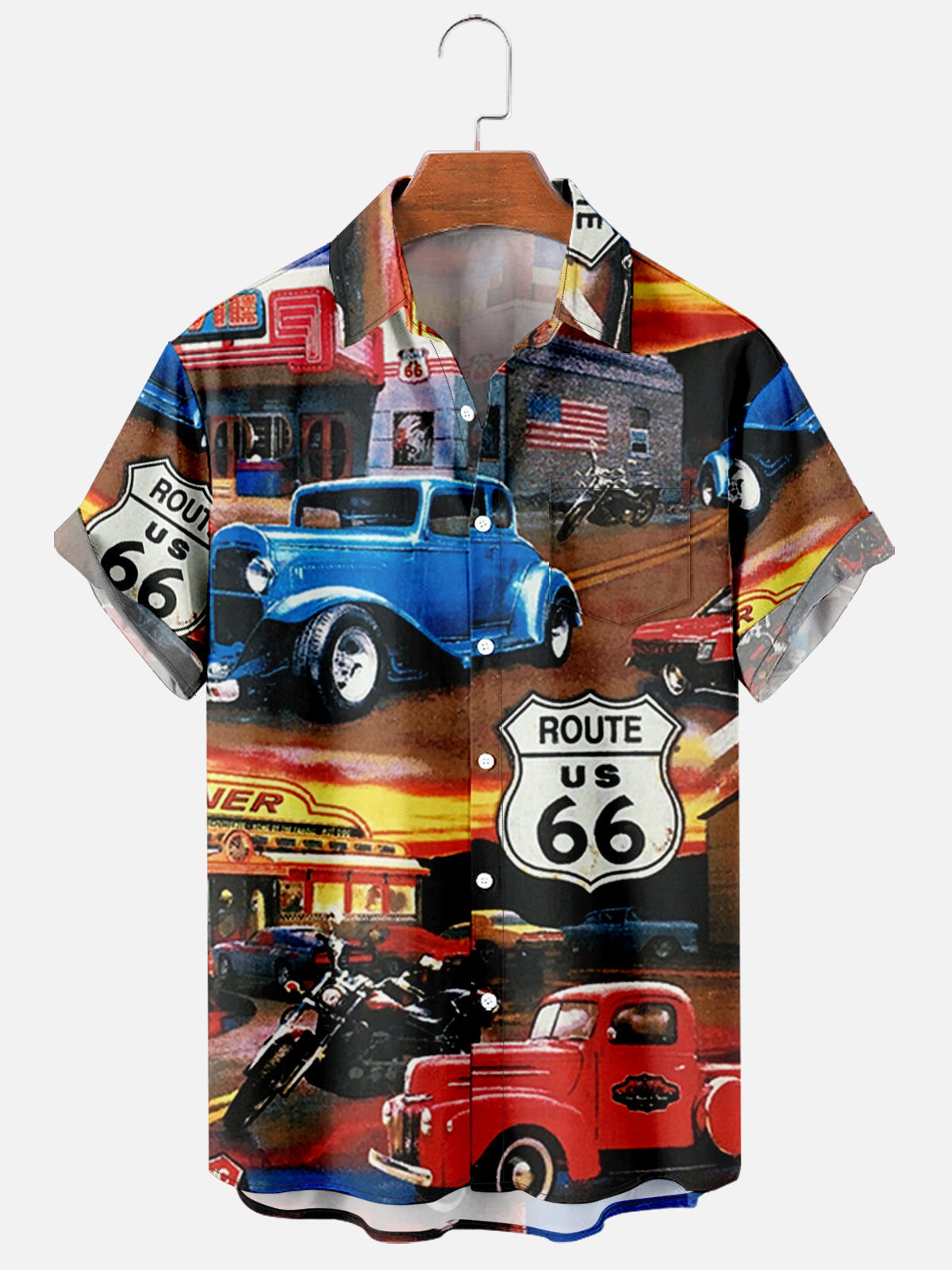 Men's Short Sleeve Lapel Shirt Plus Size Route 66 Print Men's Shirt wi ...