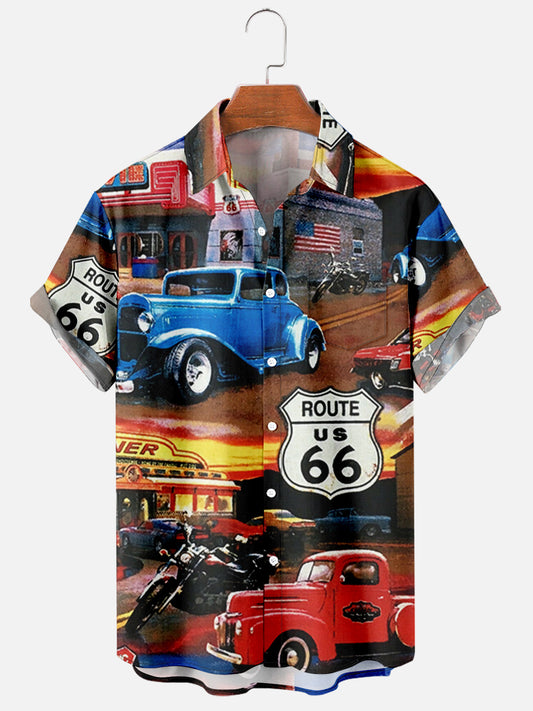 Men's Short Sleeve Lapel Shirt Plus Size Route 66 Print Men's Shirt with Pockets