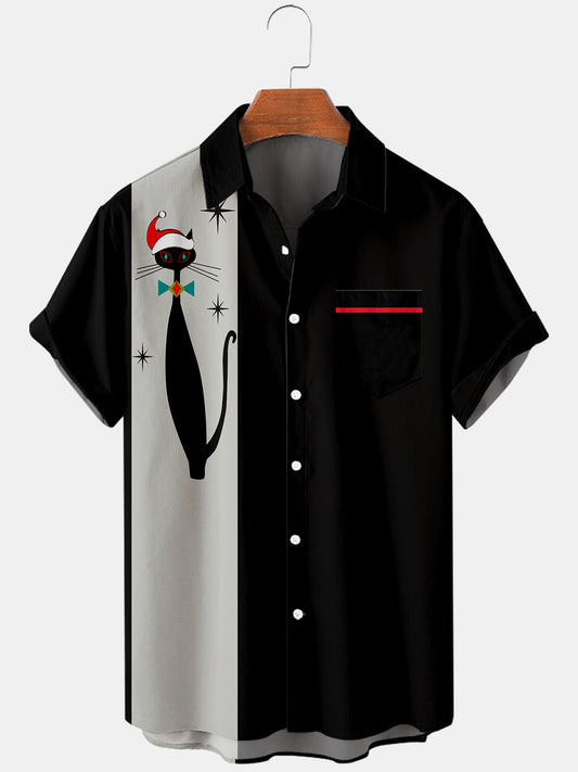 Christmas Cat Elements 3D Digital Printing Trend Loose Short Sleeve Shirt Men's Top