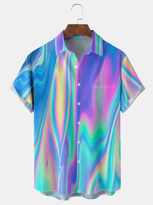 Gradient Color Chest Pocket Short Sleeve Casual Shirt