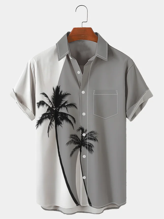 Men's Coconut Tree Colorblock Print Casual Breathable Hawaiian Short Sleeve Shirt with Pockets