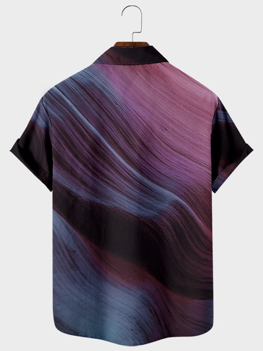 Men's Rock Wave Print Lapel Chest Pocket Short Sleeve Casual Shirt